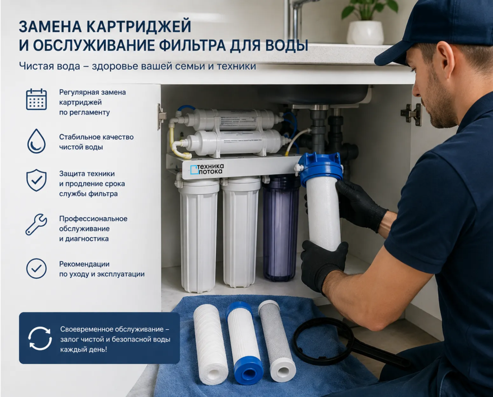 Замена картриджей и обслуживание фильтра для воды мастером