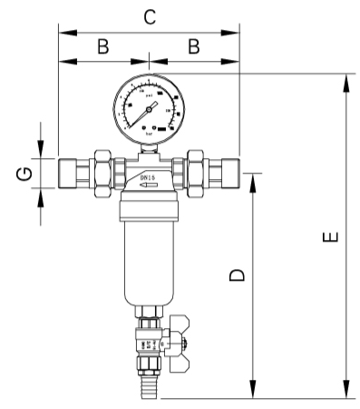 Изображение схемы самоочистного фильтра с манометром для водоснабжения